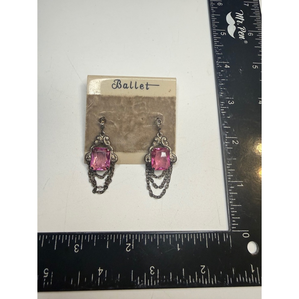 Ballet Pink Rhinestone Dangle Earrings Silver Tone Ornate Chain Drop Post Back